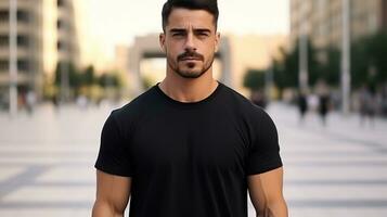 Man Posing and Wearing Black Tee Shirt Mockup Placement on the Street. Shirt Mockup Template photo