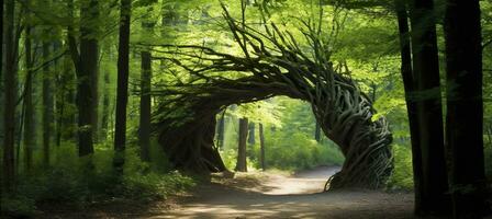 Natural archway shaped by branches in the forest. AI Generated photo