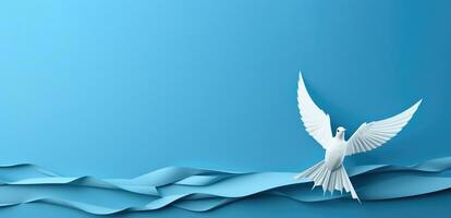 White paper origami bird on blue background, banner ai created photo