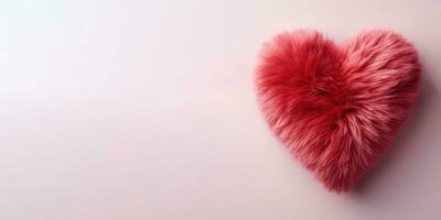Banner with Pink fluffy heart on pink background ai created photo