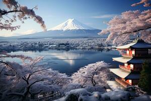 Mount Fuji standing tall amidst pristine natural surroundings ai created photo