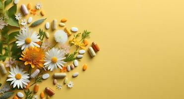 Herbal pills on yellow background banner ai created photo