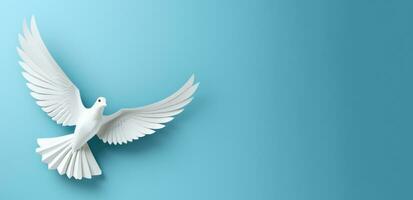 White paper origami bird on blue background, banner ai created photo