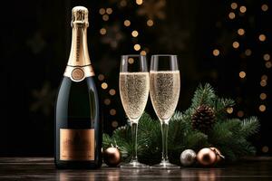 Bottle of rose champagne with christmas decorations, ai created photo