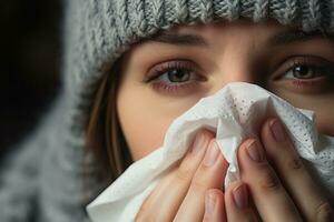 Young woman with the flu, blowing her nose using a tissue ai created photo