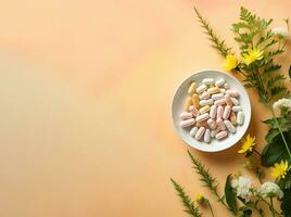 Herbal pills on pastel background banner ai created photo