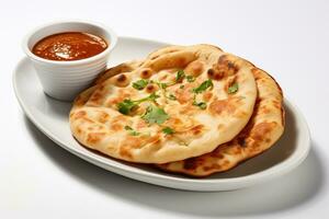 Classic naan bread served with a delicious bowl of gravy an white plate photo
