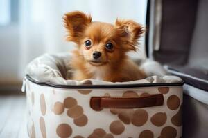 cute happy Pomeranian sitting inside an opened large suitcase ai created photo