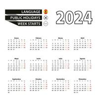 Calendar 2024 in Spanish language, week starts on Monday. vector