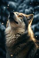 a wolf looking up at the moon ai created photo