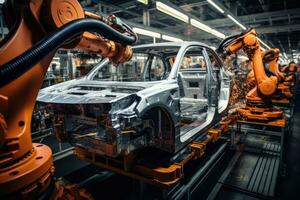 A large robotic arm in a car manufacturing setting, busily assembling parts of a car ai created photo