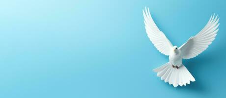 White paper origami bird on blue background, banner  ai created photo