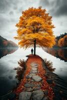 A Wide Angle shots of autumn landscape photo with man ai created