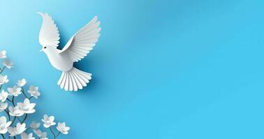 White paper origami bird on blue background, banner ai created photo