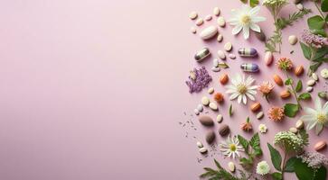 Herbal pills on pink background banner ai created photo