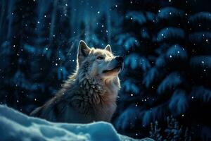 a wolf looking up at the moon ai created photo