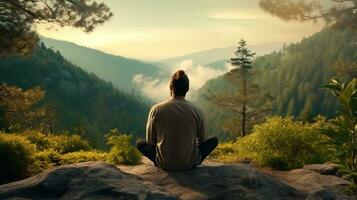 hombre practicando atención plena y meditación en un pacífico natural ambiente foto