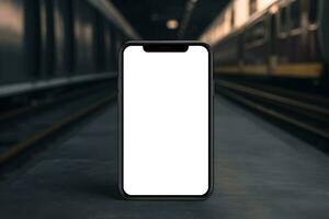 Mockup Image of Black Cell Phone with Blank White Screen. Blurred Background, Copy Space. AI Generated photo