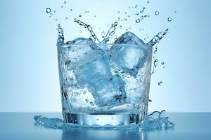 vaso con agua y hielo cubitos en un azul antecedentes. un refrescante y Relajado beber. generativo ai foto