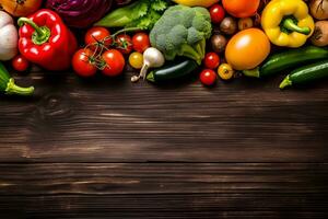 Fresco vegetales en oscuro de madera mesa. salud alimento. ver desde arriba. espacio para Copiar. generativo ai foto