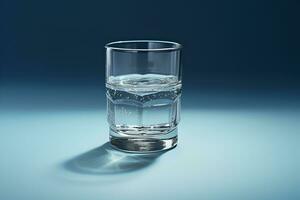 vaso con agua y hielo cubitos en un azul antecedentes. un refrescante y Relajado beber. generativo ai foto