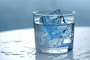 Glass with water and ice cubes on a blue background. A refreshing and chilling drink. Generative AI photo