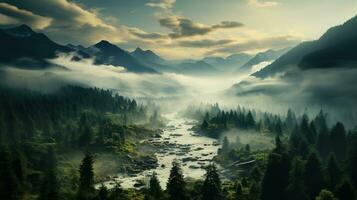 Generative AI, Misty fir forest beautiful landscape in hipster vintage retro style, foggy mountains and trees. photo