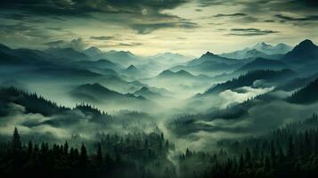 Generative AI, Misty fir forest beautiful landscape in hipster vintage retro style, foggy mountains and trees. photo