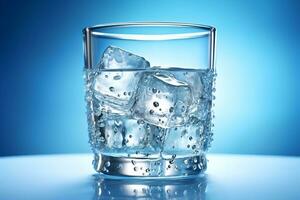 Glass with water and ice cubes on a blue background. A refreshing and chilling drink. Generative AI photo