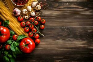 Fresh vegetables on dark wooden table. Health food. View from above. Space for copy. Generativ AI photo