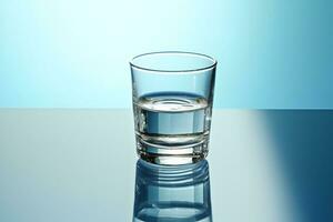 vaso con agua y hielo cubitos en un azul antecedentes. un refrescante y Relajado beber. generativo ai foto