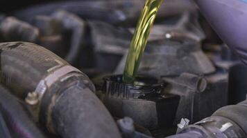 Close-up shot of a mechanic pouring oil into an engine. video
