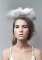 Beautiful sad woman depressed, AI Generative. above her head a thick gray cloud fog photo