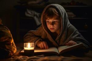 chico envuelto en cobija leyendo libro con ardiente vela. frío hogar, apagar de calefacción electricidad, poder corte, apagón, carga derramamiento energía crisis ai generativo foto