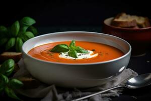 tomato soup creamy with basil and sour cream and croutons. AI Generative photo