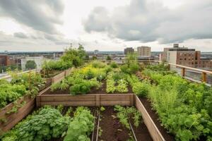 Urban Farm. Roof top urban farming organic garden with various vegetables plants, illustrating the potential for green spaces in city environments. AI Generative photo