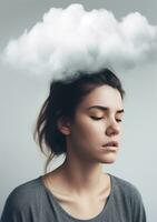 Beautiful sad woman depressed, AI Generative. above her head a thick gray cloud fog photo