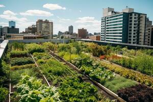 Urban Farm. AI Generative. Roof top urban farming organic garden with various vegetables plants, illustrating the potential for green spaces in city environments photo