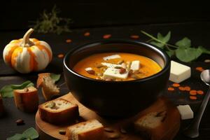 pumpkin soup with pumpkin seeds and sour cream and croutons. AI Generative photo