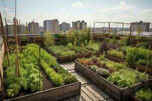 Urban Farm. AI Generative. Roof top urban farming organic garden with various vegetables plants, illustrating the potential for green spaces in city environments photo