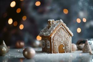 Gingerbread house, AI Generative. glitter bokeh in the background photo