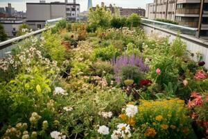 Urban Farm. AI Generative. Roof top urban farming organic garden with various vegetables plants, illustrating the potential for green spaces in city environments photo