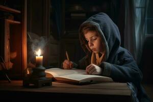 boy wrapped in blanket reading book with burning candle. cold home, shutdown of heating electricity, power outage, blackout, load shedding energy crisis AI generative photo