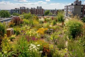 Urban Farm. Roof top urban farming organic garden with various vegetables plants, illustrating the potential for green spaces in city environments. AI Generative photo