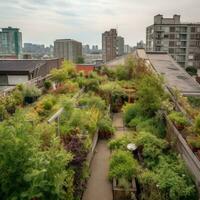 Urban Farm. AI Generative. Roof top urban farming organic garden with various vegetables plants, illustrating the potential for green spaces in city environments photo