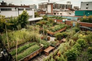 Urban Farm. AI Generative. Roof top urban farming organic garden with various vegetables plants, illustrating the potential for green spaces in city environments photo