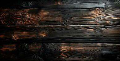 Dark burnt wood texture, black panoramic background - AI generated image photo