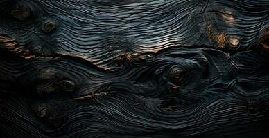 Dark burnt wood texture, black panoramic background - AI generated image photo