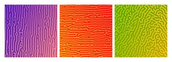 Set of three colorful turing reaction gradient backgrounds. Abstract diffusion pattern with chaotic shapes. Vector illustration.