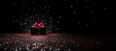 Black Friday background. Gift box with glitter on black background.AI Generated photo